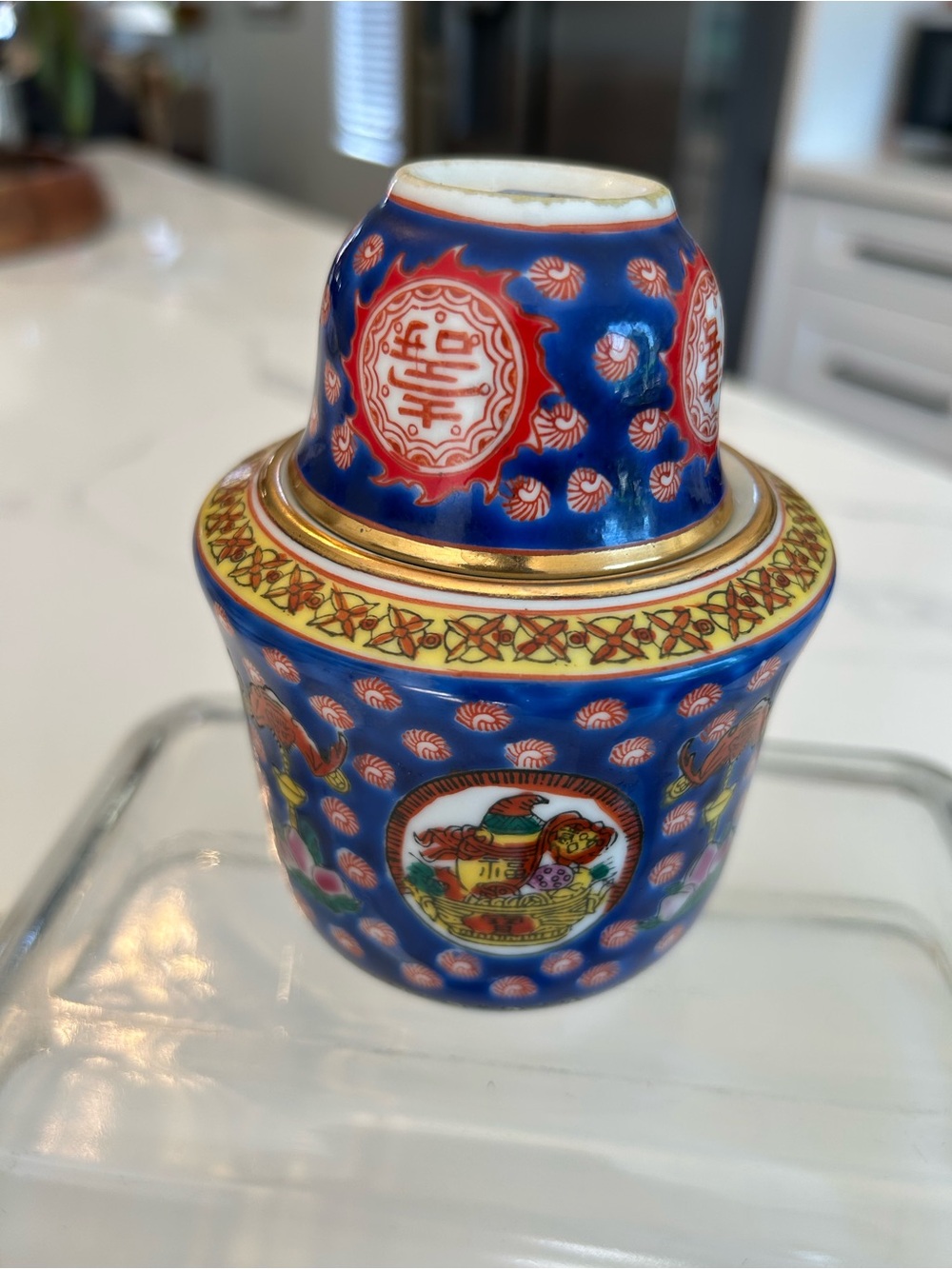 Vintage Chinese Blue and Gold Porcelain Decorative Tea Canister 3 pc